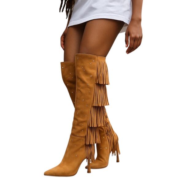 Vince‎ Camuto Women's Light Conac Panaryaz Knee High Fringe Boots Size 7.5M - Picture 1 of 16